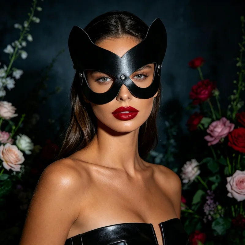 Edgy Cat Girl Rivet PU Half Face Mask for Halloween Cosplay Party