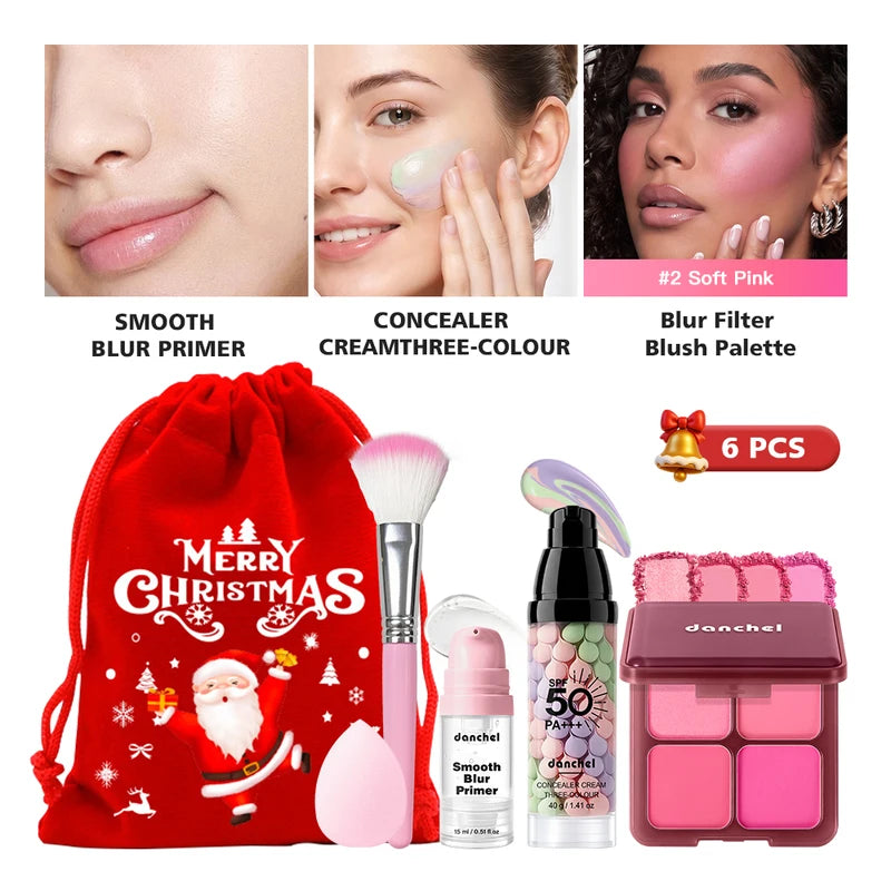 6-Piece Face Primer & Concealer Set with Blush Palette and Makeup Sponge - Christmas Gift