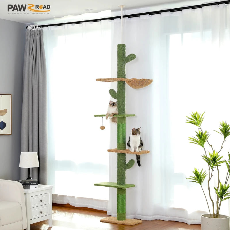 Tall Floor to Ceiling Cat Tree with Cactus Design, Scratching Posts & Hammock