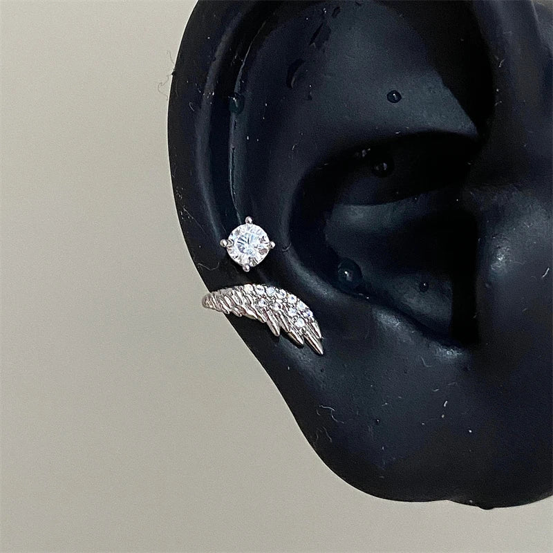 Silver Wing Ear Bone Nail Earrings for Women Rhinestone Ear Accessories