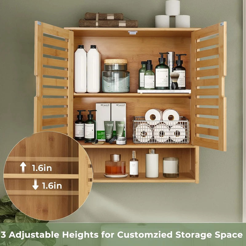 Wall Mounted Bamboo Bathroom Storage Cabinet with Shelves and Organizer Rack