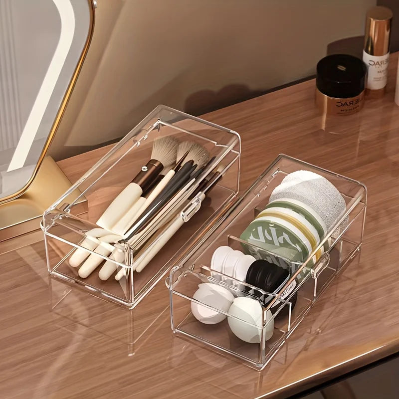 Transparent Makeup Organizer with Lid - Durable Storage Box for Lipstick, Eyeshadow, Brushes