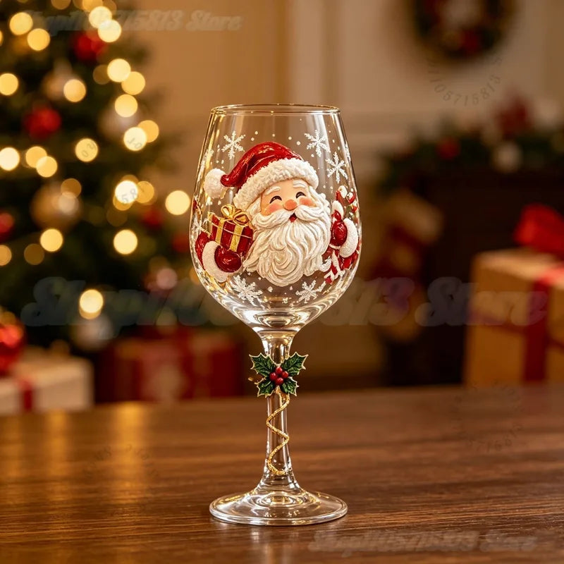 Festive Christmas Wine Glasses Set - 3D Embossed Holiday Goblets for Party Decor