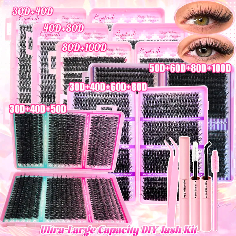 DIY Lash Extension Kit Clusters with Bond & Seal - Natural Wispy 9-16mm