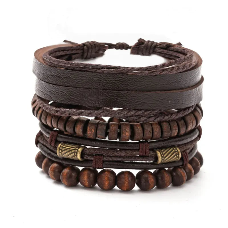 4PCS Multi-Layer Wooden Beads Men's Bracelet Set - Vintage Fashion Accessories