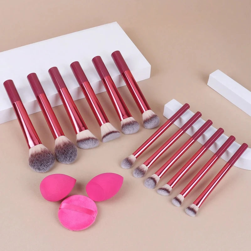 15-Piece Makeup Brush and Puff Set with Soft Sponges - Portable Cosmetic Tools