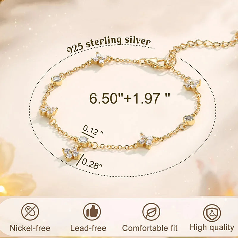 925 Sterling Silver Dainty Bracelet with CZ Stones, 14K Gold Plated Waterproof Chain for Women