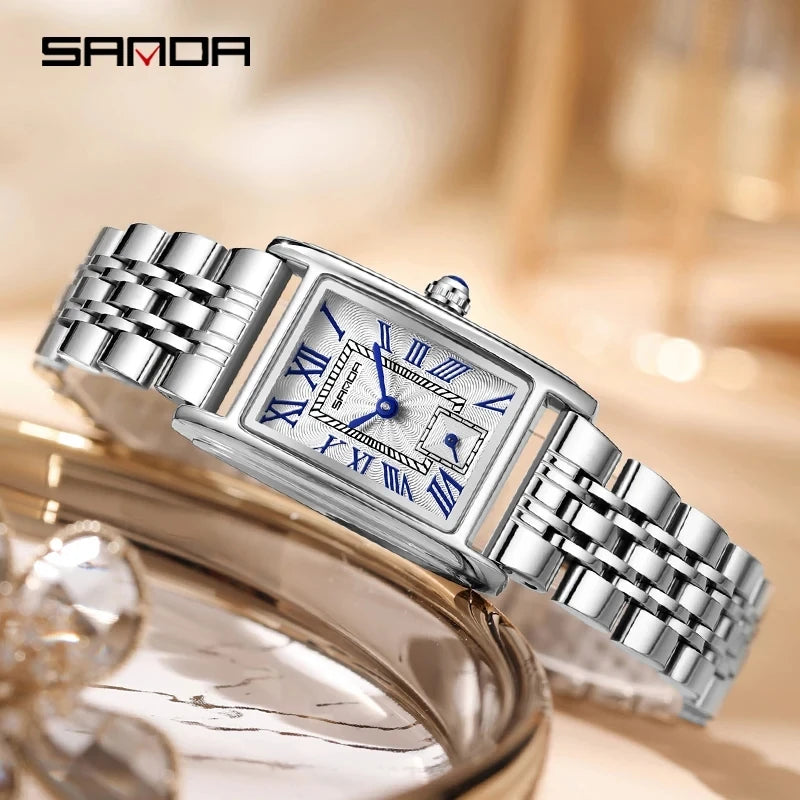 Women’s Elegant Rectangle Dial Quartz Wristwatch Waterproof Steel Leather Band