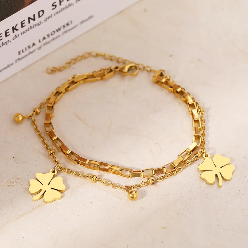Trendy Stainless Steel Bracelets for Women Beaded Layer Chain Jewelry Festive Gift