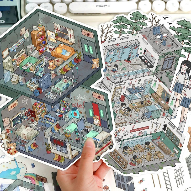 3D Scene Stickers Dark Room Aesthetic Scrapbook Decals for Journaling DIY Horror Craft