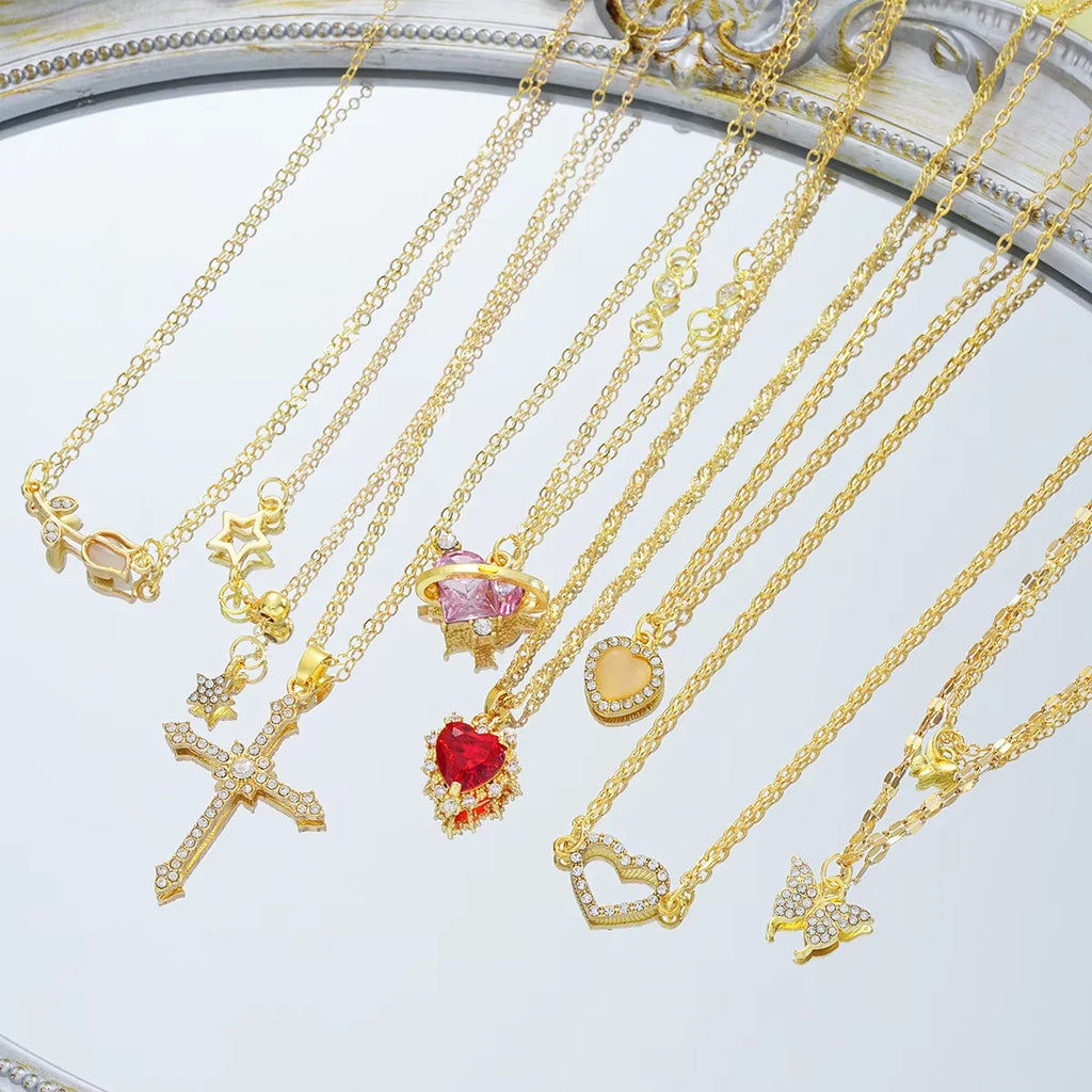 8-Piece Necklace Set for Women - Elegant Gold Tone Pendant Jewelry with Butterfly Heart Rose & Star Charms