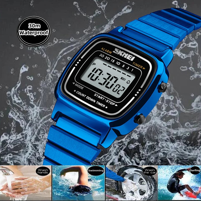Women Digital Sport Watch Waterproof Stainless Steel Band Casual Luxury Wristwatch