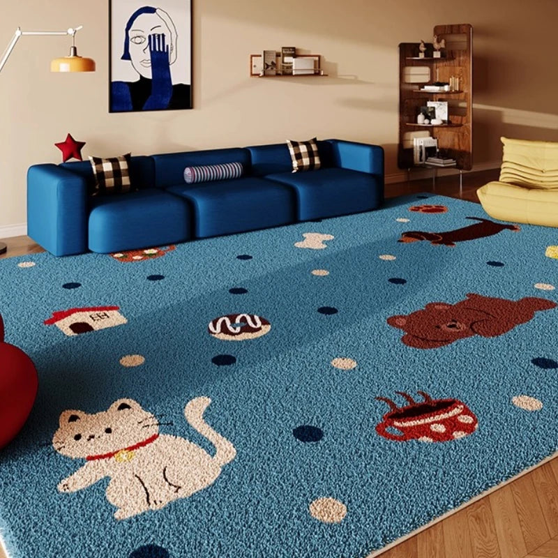 Colorful Retro Grid Living Room Rug - Plush Cartoon Style Carpet for Bedroom & Home
