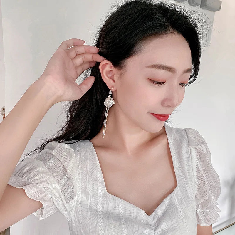 Long Pearl Clip Earrings with Tassel No Hole Shell Imitation Jewelry for Women
