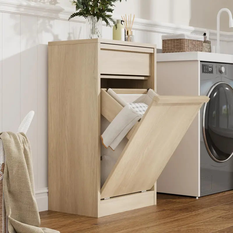 Tilt Out Laundry Hamper Cabinet with Drawer and Removable 10-Gallon Basket