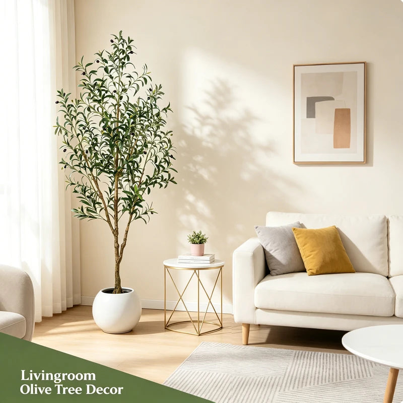 Artificial Olive Tree Indoor Floor Plant - 5.25FT, 6.10FT, 7.10FT Tall Faux Tree with Natural Trunk and Lifelike Fruits