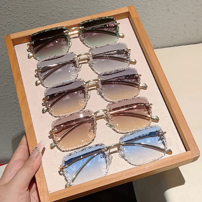 Square Rimless Sunglasses Men Women Fashion Vintage Trendy Casual Shades