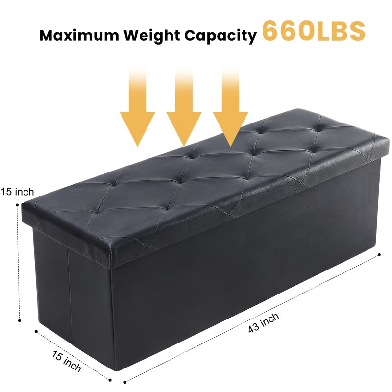 Folding Storage Ottoman Footstool - Leather Upholstered Bench Supports 660 lbs