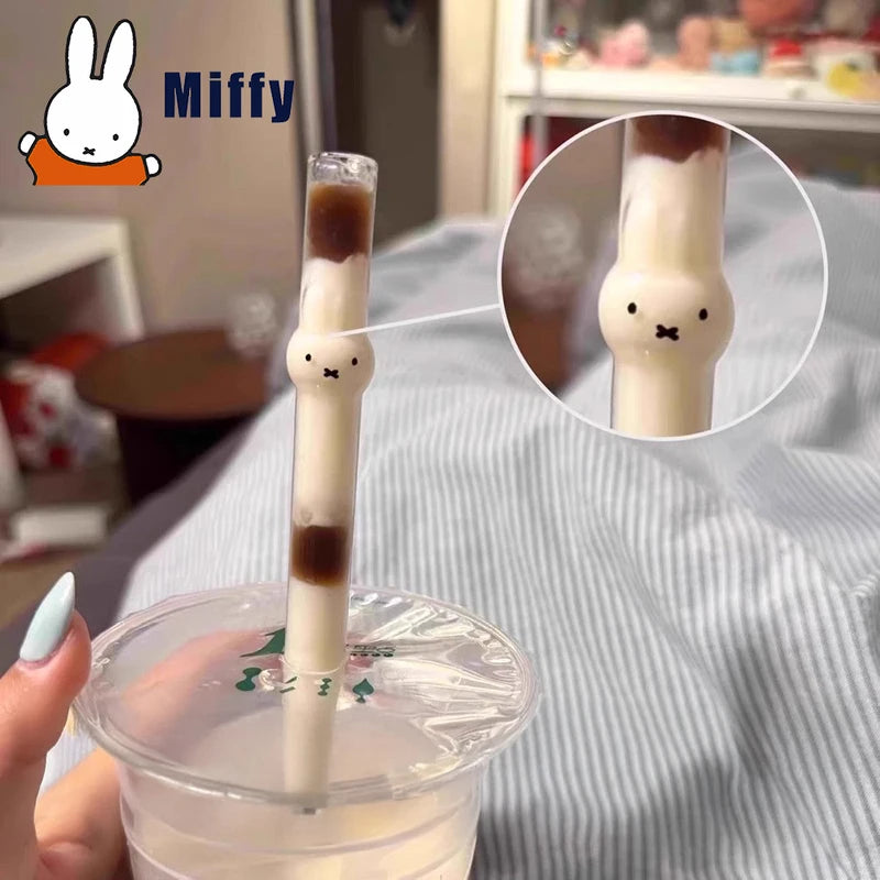 Kawaii Miffy Glass Rabbit Head Straw - Large Caliber Transparent Bunny Drink Accessory