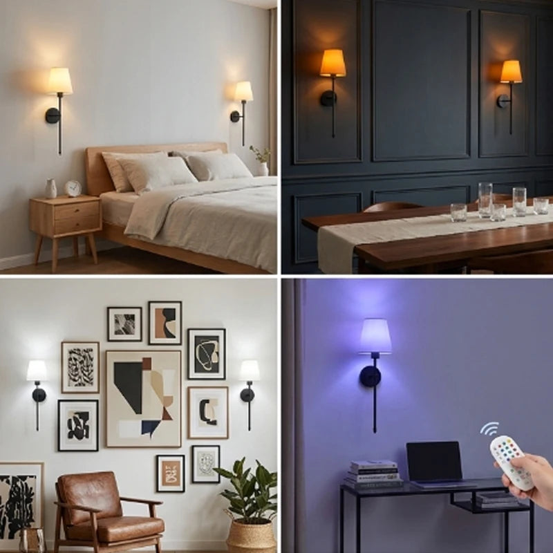 Rechargeable Wall Sconce Nordic Style Fabric Lamp with 2800mAh Battery for Living Room Bedroom Home Office