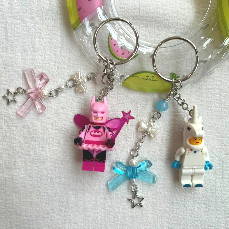 Cute Pink Fairy Batman Building Block Keychain Charms for Couples & Friends