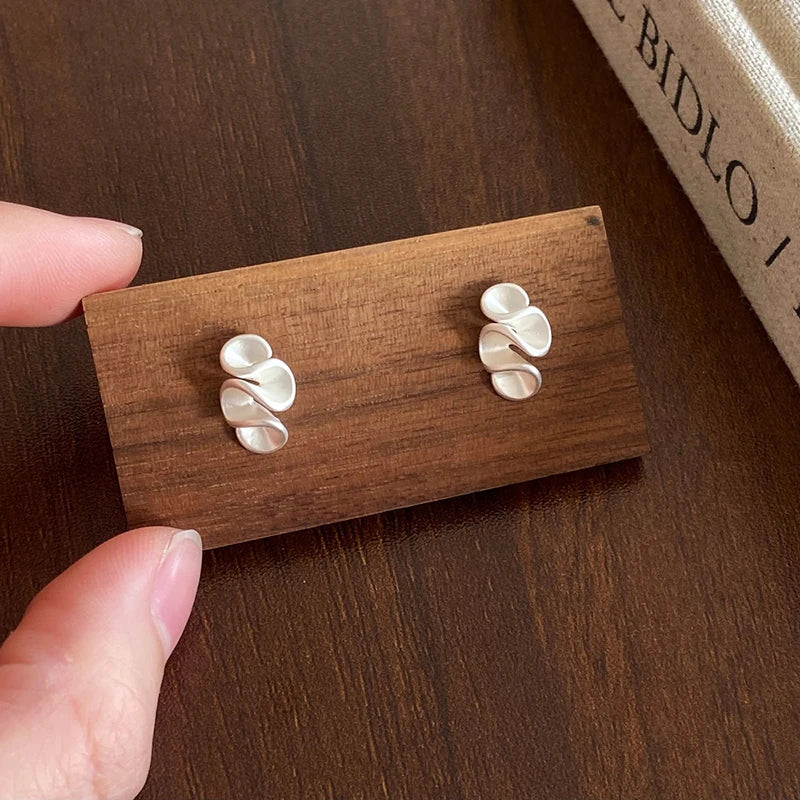 Geometric Pleated Flower Stud Earrings for Women Minimalist Gold Silver Jewelry