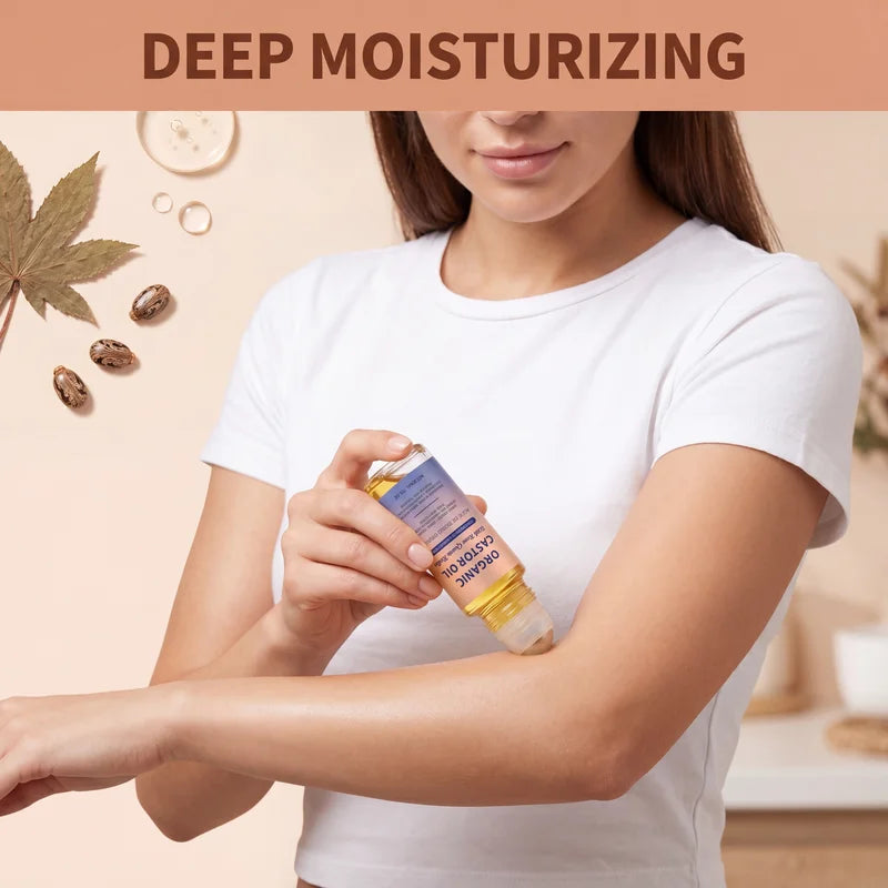 Organic Castor Oil with Rose Quartz Roller - Cold Pressed, Hydrating Skin Care Oil