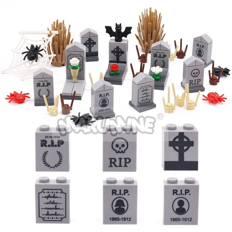 Halloween Building Blocks Kit for Model Creation - Tombstone Graveyard Accessories