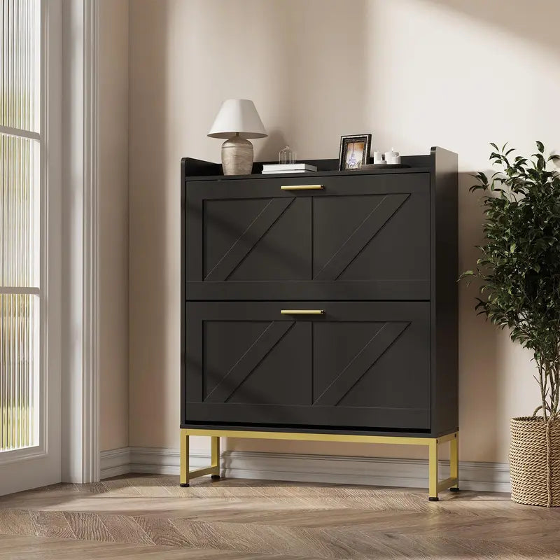 Narrow Shoe Cabinet with Flip Drawers, Adjustable Shelves, Dustproof Back - Freestanding Entryway Storage