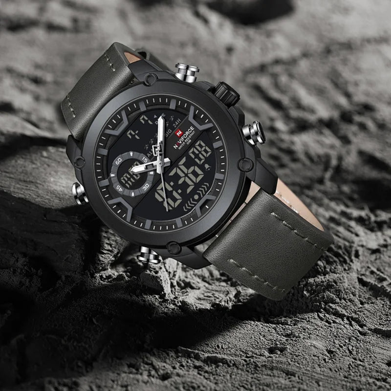 Men's Dual Display Sport Quartz Wristwatch Waterproof Leather Strap