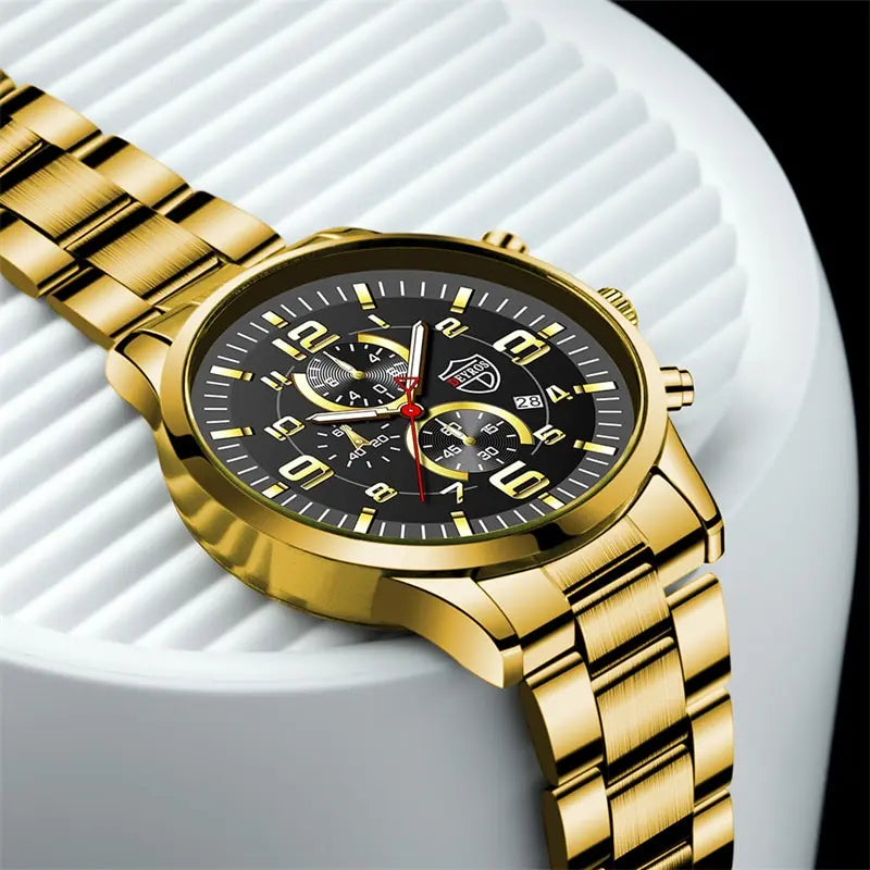 Men's Luxury Stainless Steel Quartz Sports Watch with Luminous Hands and Calendar