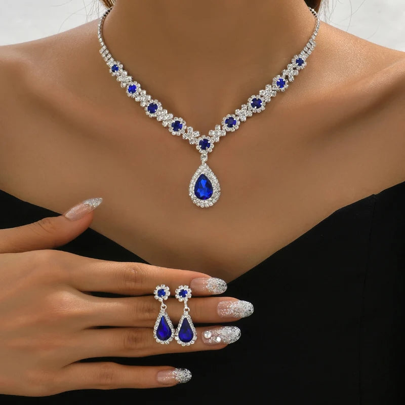 Women’s Crystal Droplet Necklace and Earrings Set for Weddings and Formal Events
