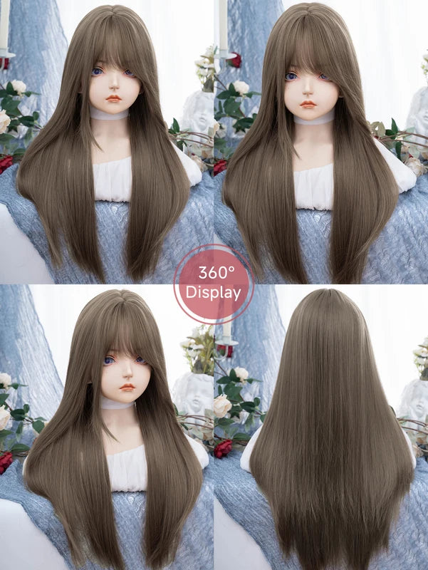 28 Inch Honey Ash Brown Synthetic Wigs with Bangs - Long Straight Hair for Women