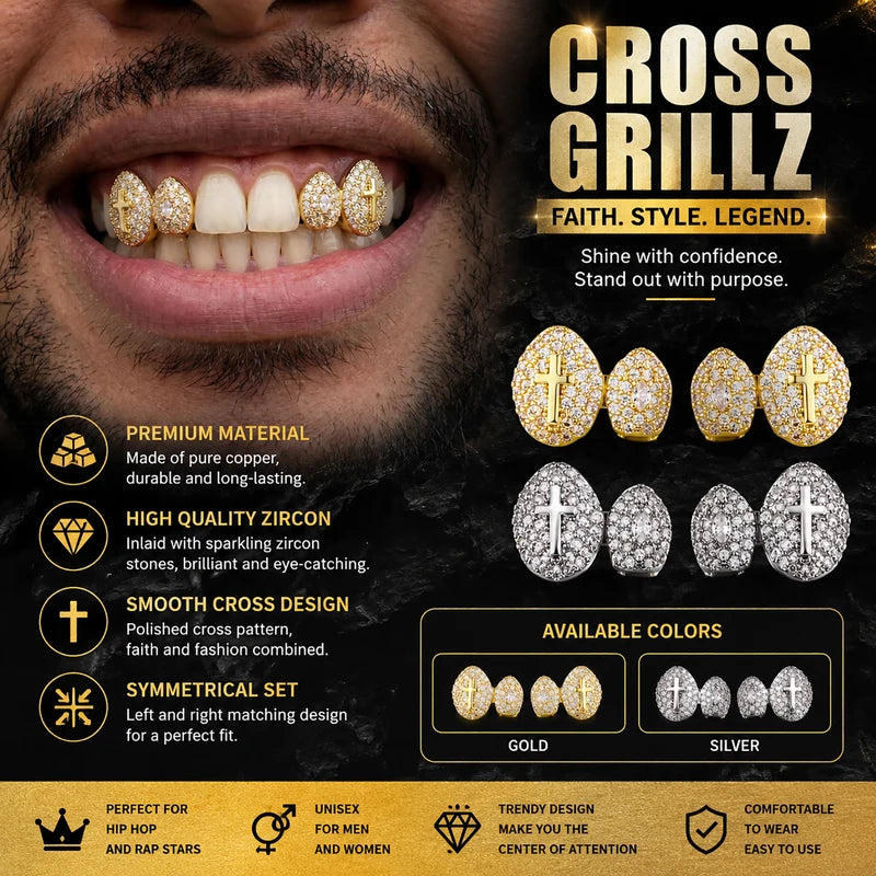 Hip Hop Double Teeth Grillz Set for Men - Iced Solid Cross CZ Jewelry - Multiple Colors