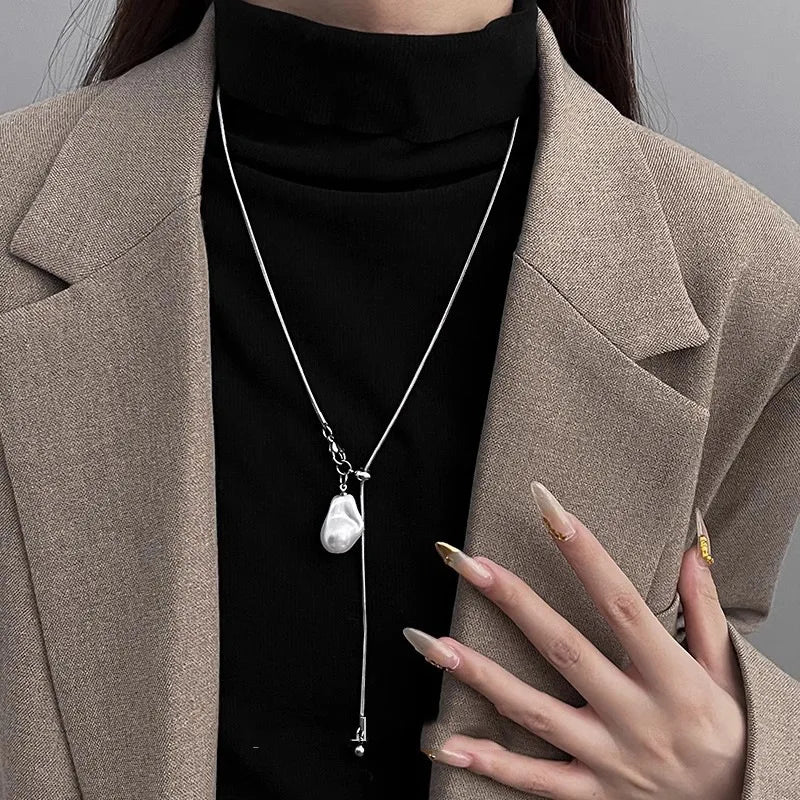 Long Baroque Pearl Necklace for Women Adjustable Chain Fashion Jewelry