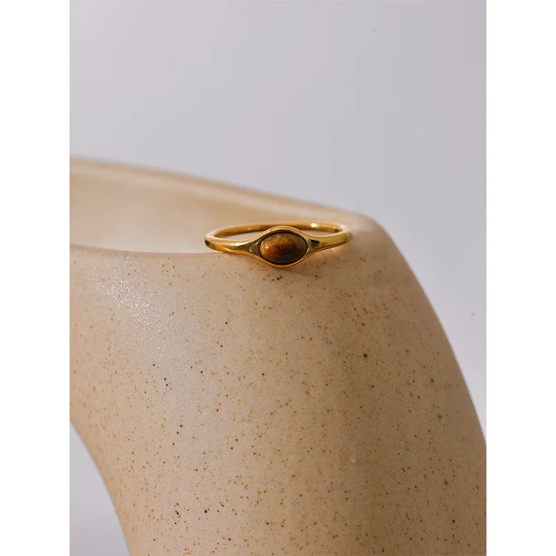Minimalist Natural Stone Stainless Steel Gold Ring for Women Waterproof Jewelry Gift