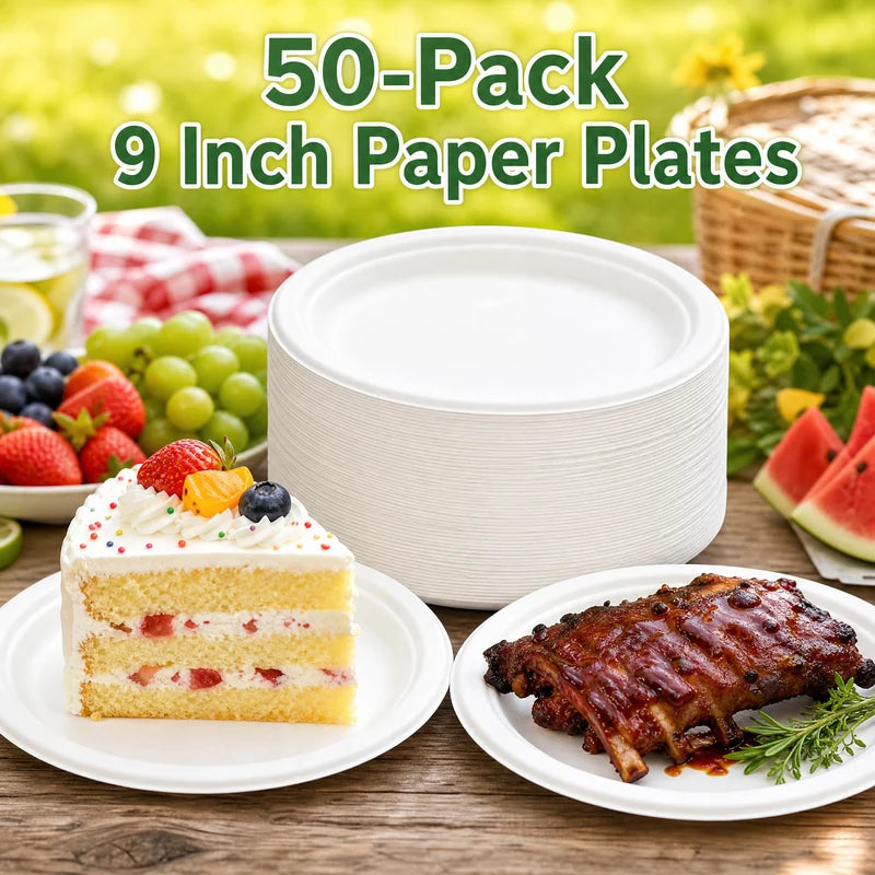 9 Inch Eco-Friendly Disposable Paper Plates - 50 Pack, Sugarcane, Biodegradable, Leak-Resistant for Parties & Meals