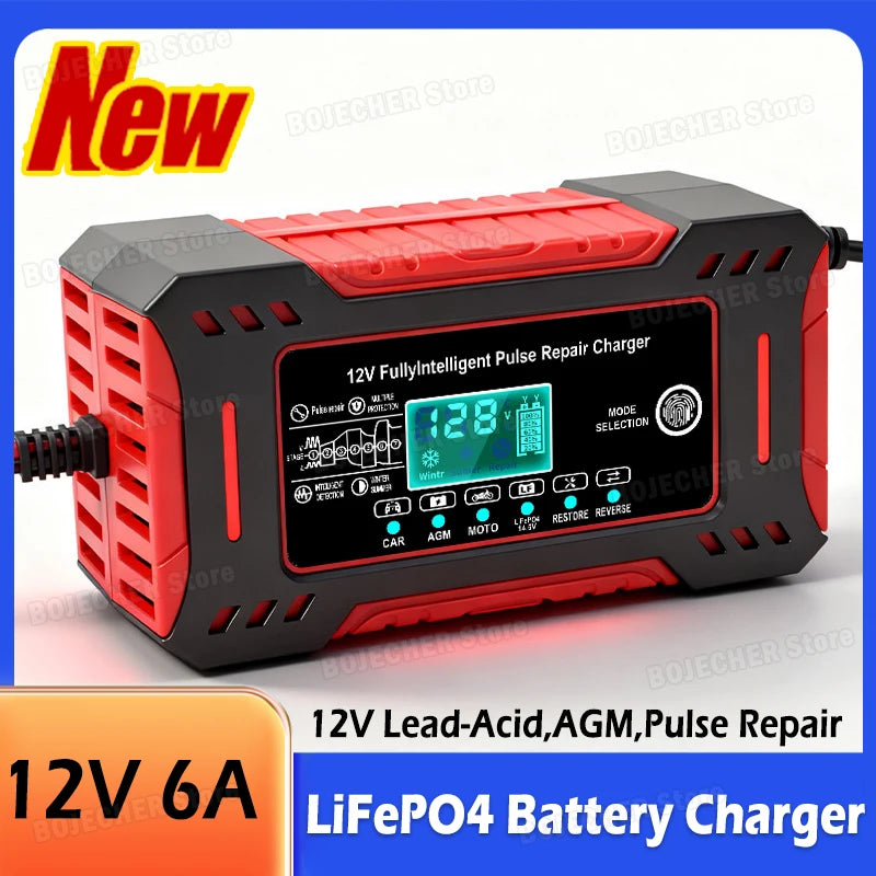 12V 6A Lithium Iron Phosphate Battery Charger with LCD Display for Car Motorcycle