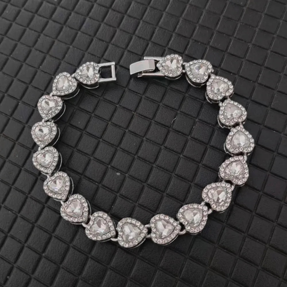 Luxury Crystal Heart Cuban Link Chain Bracelet Necklace Set - Hip Hop CZ Jewelry