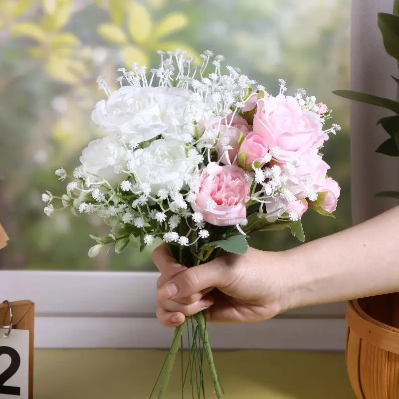 Artificial Rose & Baby Breath Bouquet Wedding Decoration - Romantic Fake Flower Set