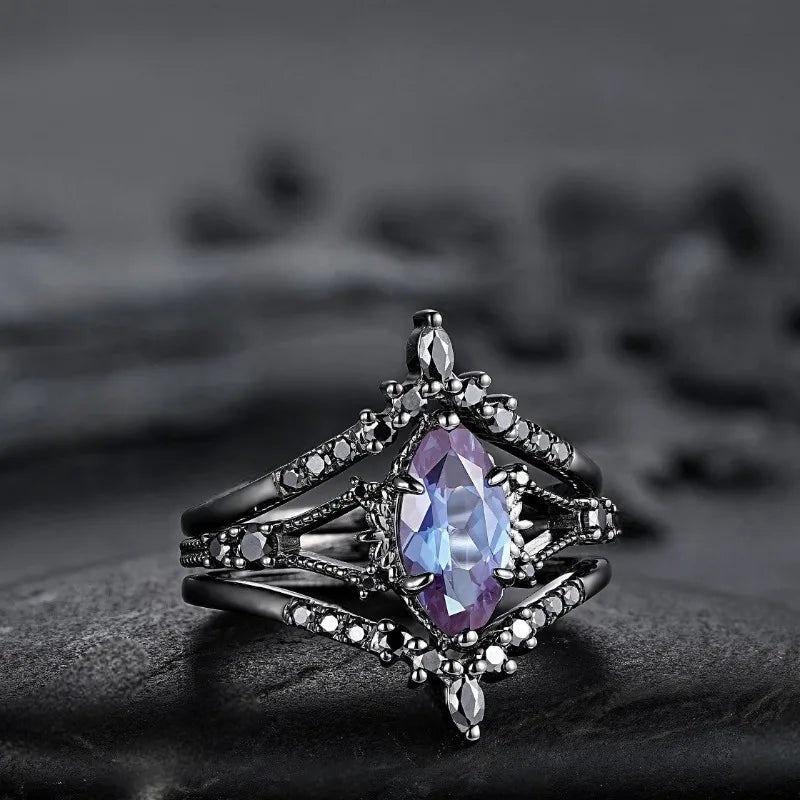 Vintage Black Geometric Zircon Women's Ring Set - Engagement Party Jewelry