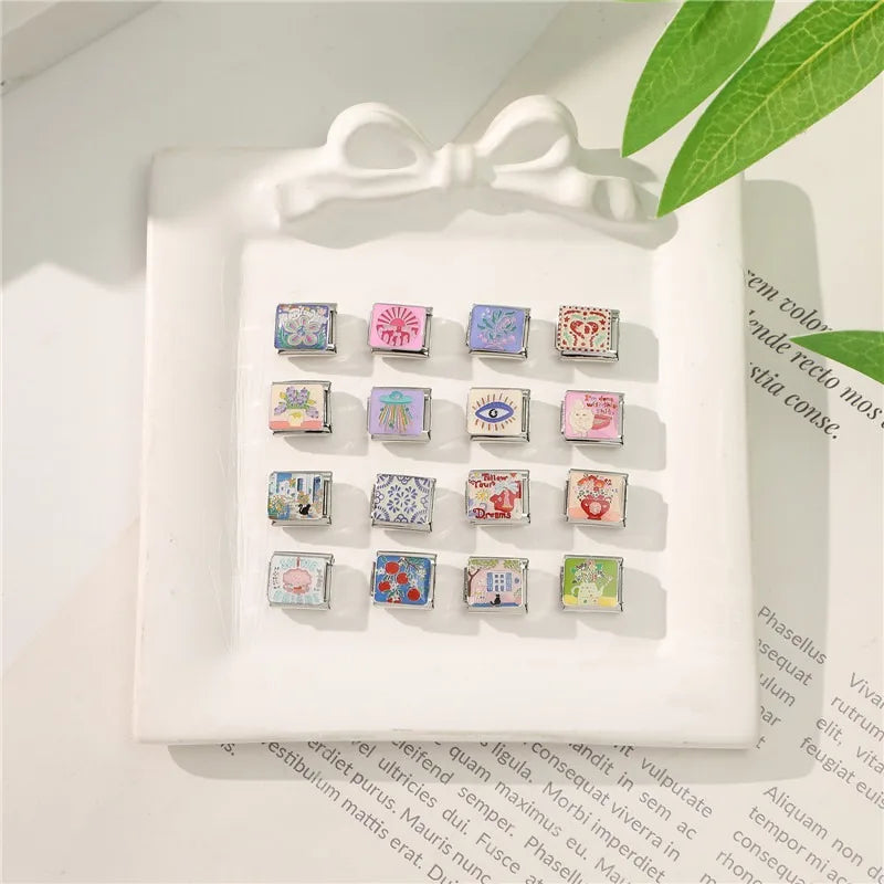Colorful Pattern Art Cat Vase Charm Links for 9mm Stainless Steel Bracelets - DIY Jewelry Making