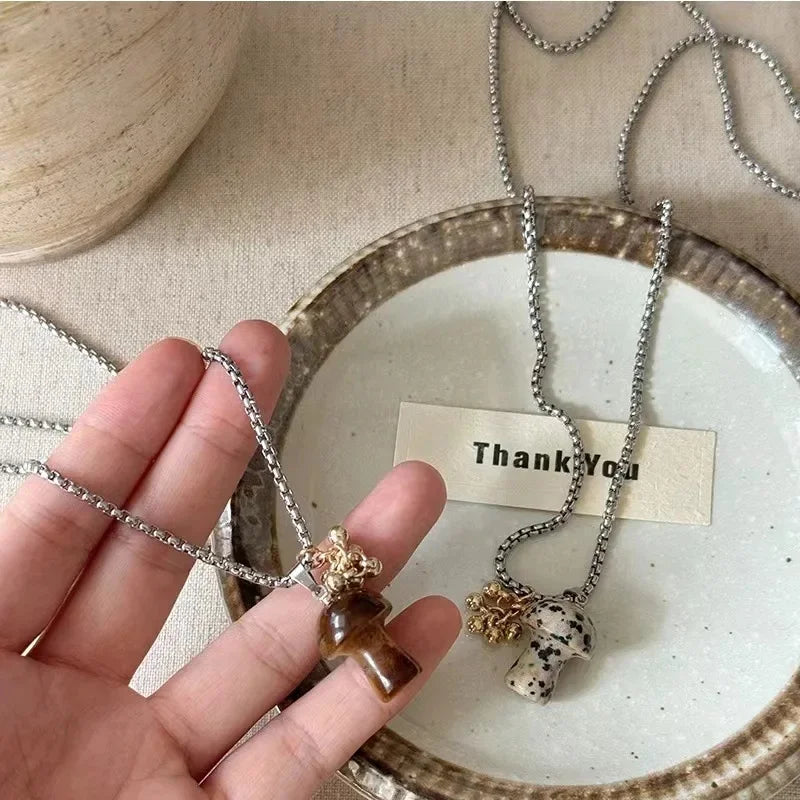 Spotted Tiger Eye Stone Mushroom Pendant Necklace with Versatile Chain for Women