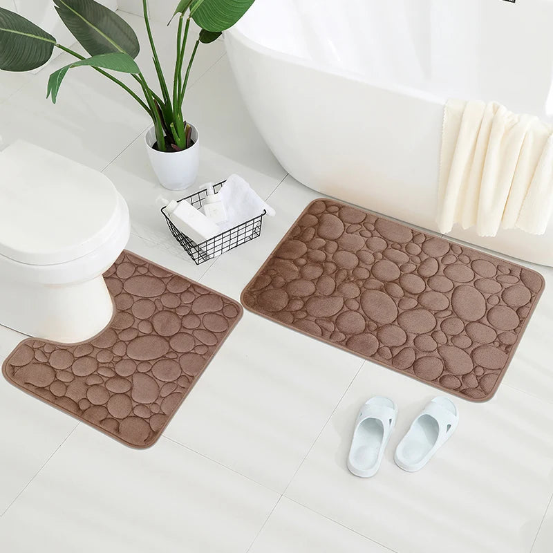 Embroidery Pebble Coral Velvet Floor Mat Set U-Shaped Sponge Absorbent Door Bathroom Rug