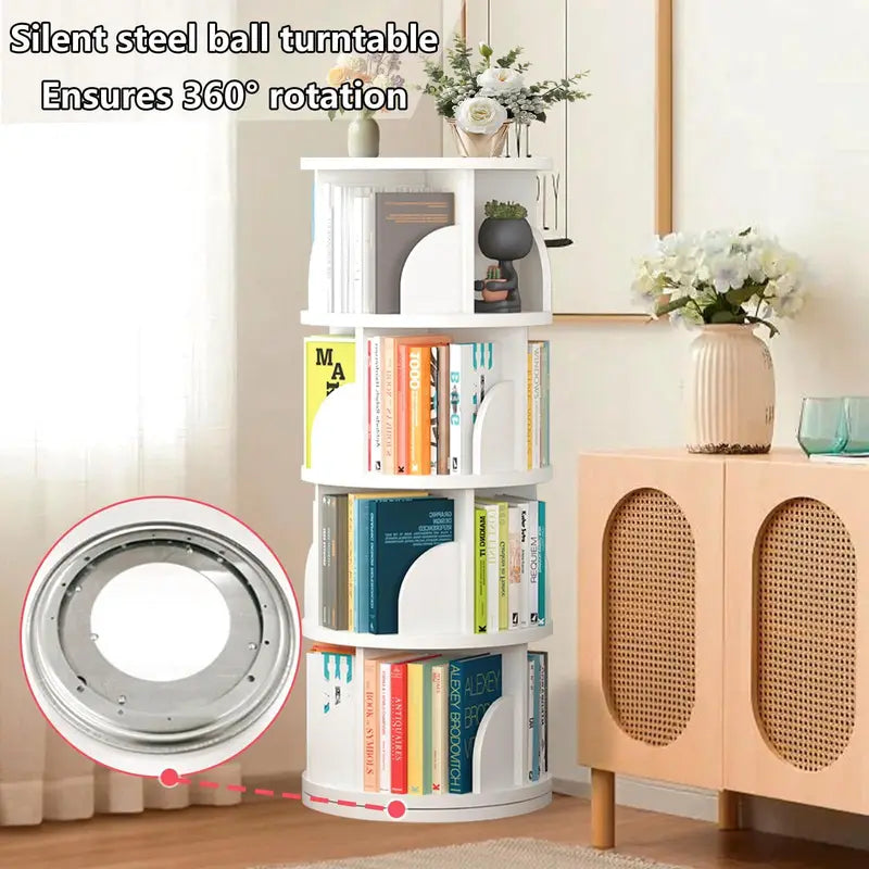 Rotating Bookshelf Tower with 360° Spin - 4 Tier Wooden Book Shelf for Kids & Living Room