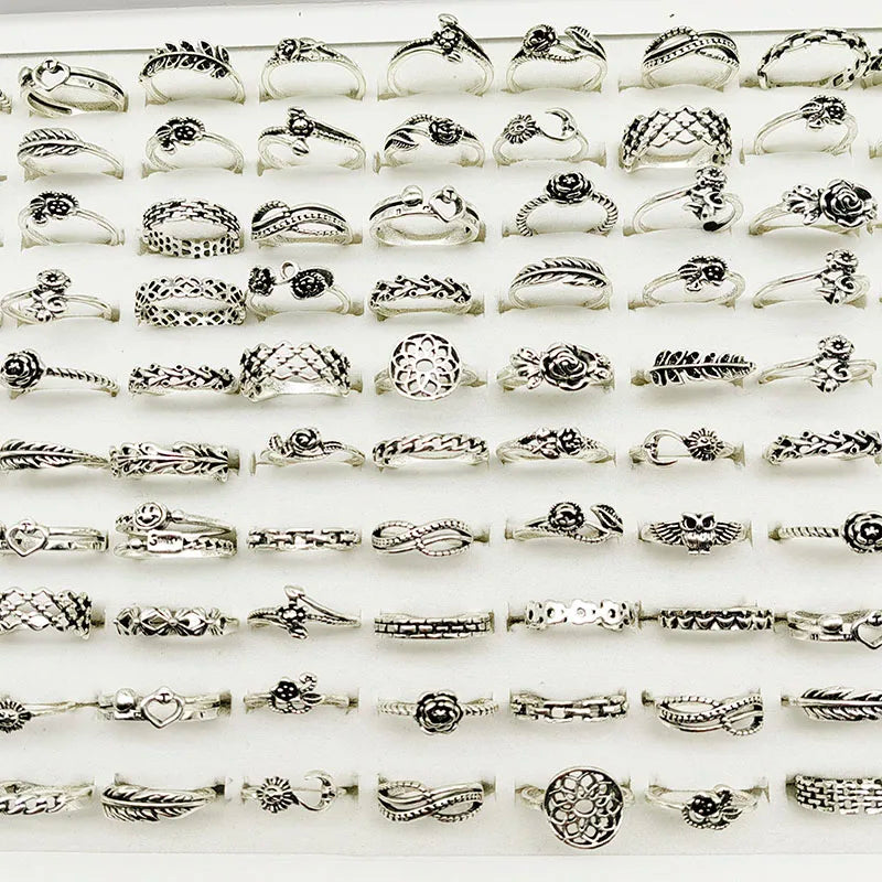Set of 30 Antique Style Silver Finish Finger Rings for Women Mix Styles Gift Party