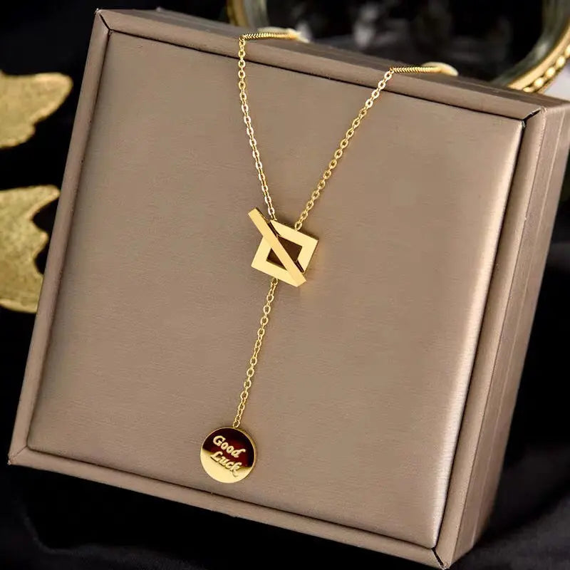 Luxury Titanium Steel Heart Love Square Necklace Pendant Chain for Women