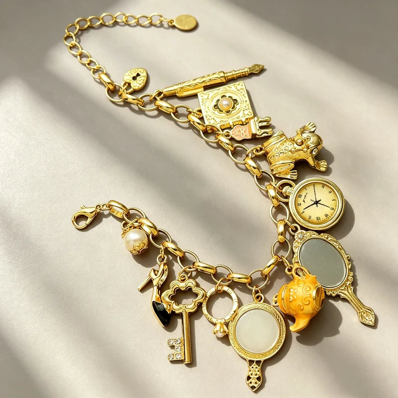 Vintage Chain Bracelet with Charms Beads Link Crystal Bangle for Women Men Jewelry Gift