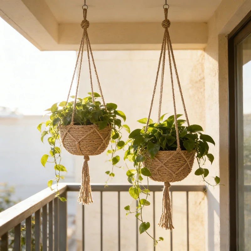 Hanging Flowerpot Basket for Indoor Outdoor Plants - Natural Jute Macrame