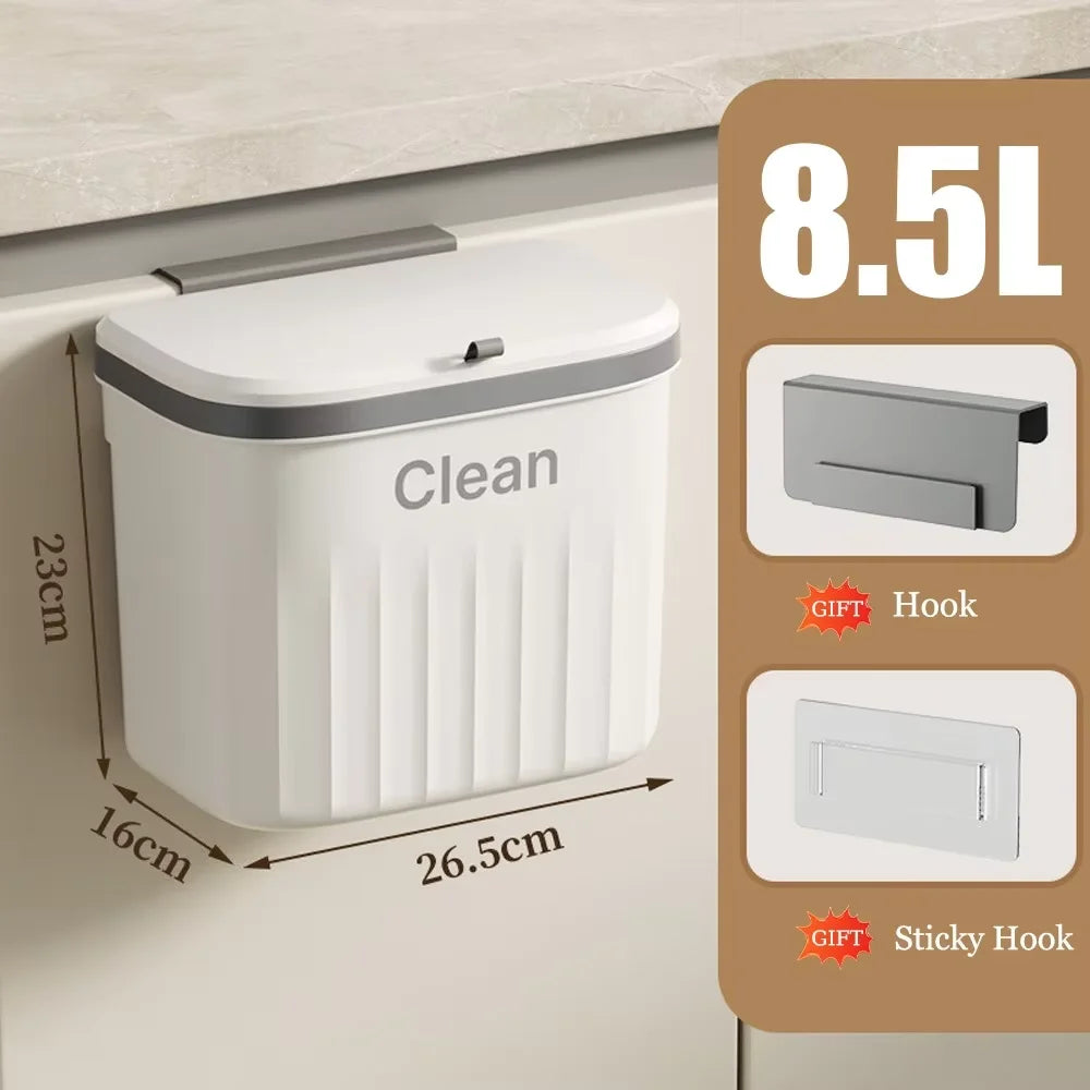 8.5L Wall-Mounted Hanging Garbage Bin with Sealing Lid - Space Saving Trash Can